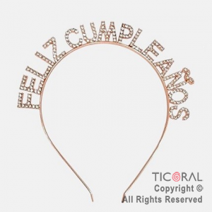 VINCHA FELIZ CUMPLEAOS CON STRASS ROSA GOLD X 1